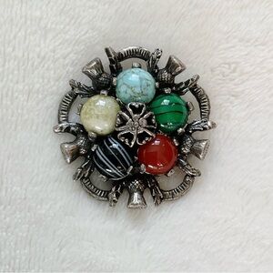 Vintage MIRACLE Scottish Thistle Brooch 1.5” | Celtic Pebble Multi-Stone Pin